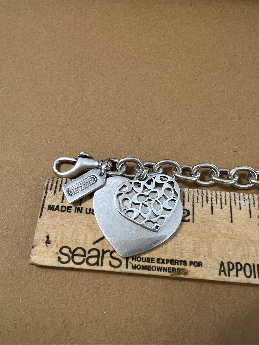 COACH Sterling Silver Double Heart 925 Bracelet with dog leash clasp 36 Grams - Picture 11 of 13